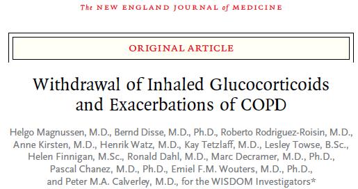 2,485 patients with history of AECOPD, FEV1 < 50% Triple therapy tiotropium, salmeterol, fluticasone 1000 Randomized to continued triple therapy or Step-wise ICS withdrawal over 18 weeks 40 Magnussen