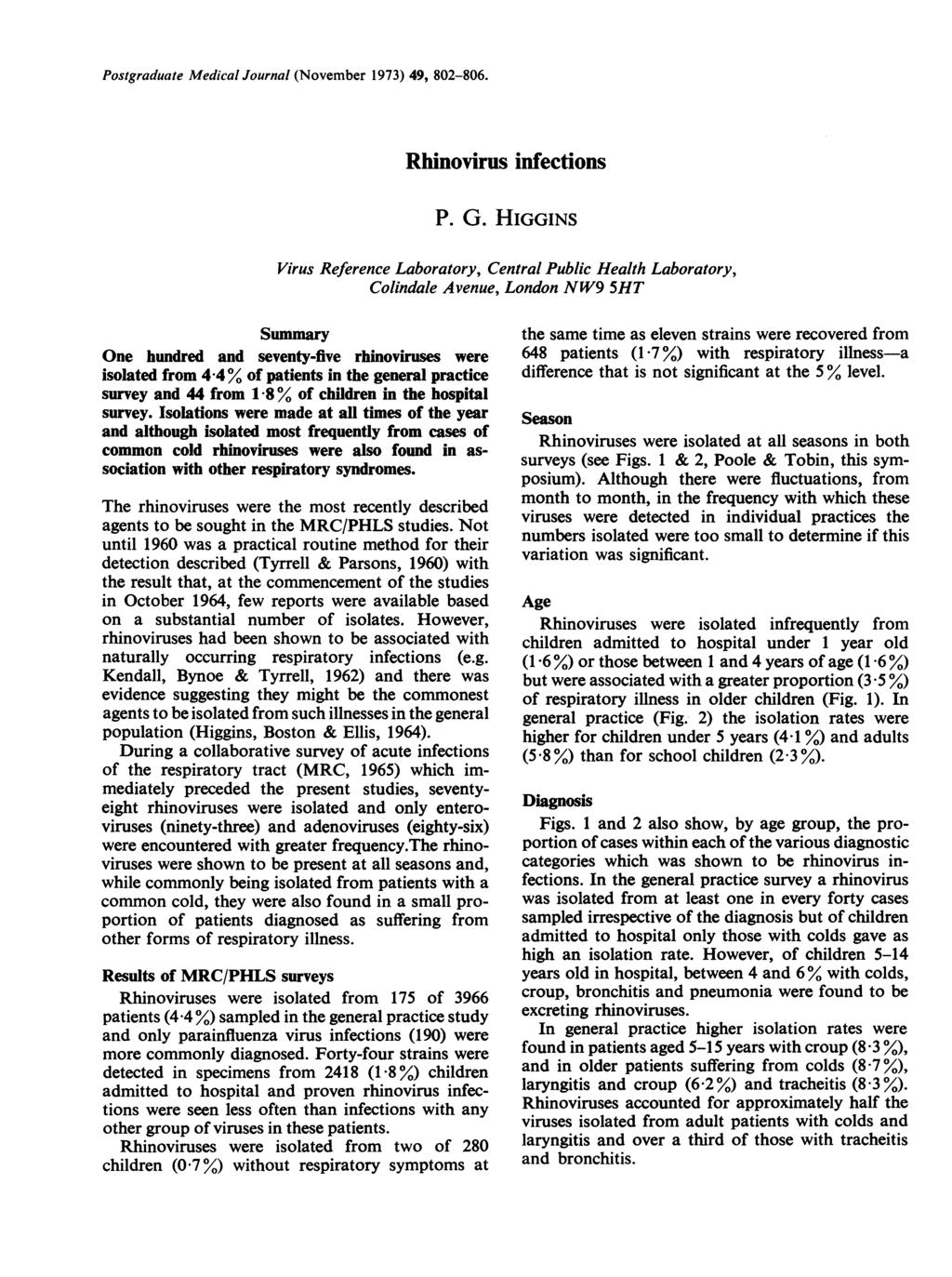 Pstgraduate Medical Jurnal (Nvember 1973) 49, 802-806. Rhinvirus infectins P. G.