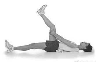 Bend your right knee toward your chest, keeping your left leg extended on the floor. Slowly straighten your right knee, holding the back of your right leg with both hands.
