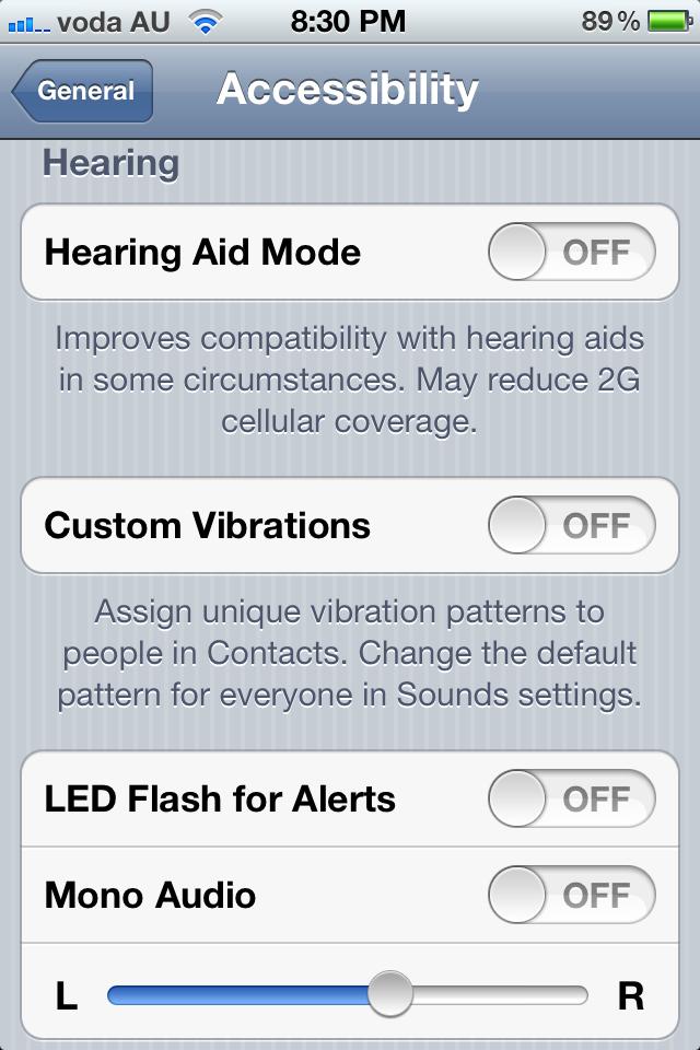 iphone options Hearing Aide mode Makes the iphone more compatible with hearing aides Custom Vibrations Different vibrating alerts for phone