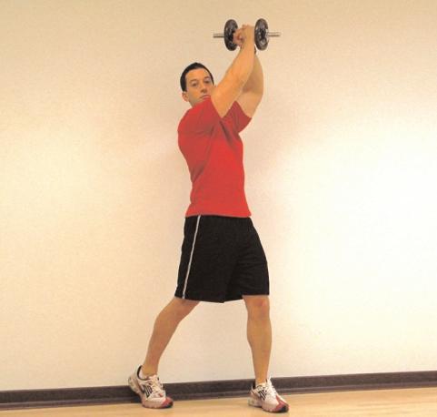 twist! How To: Hold a weight in both hands over your left shoulder.
