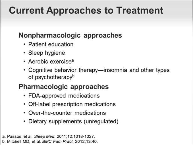 Approach to the Management of Current Approaches for Treatment Diagnosis 1,2 Education, including good sleep practices 1,2 Nonpharmacologic and/or pharmacologic therapy 1,2 Referral to sleep