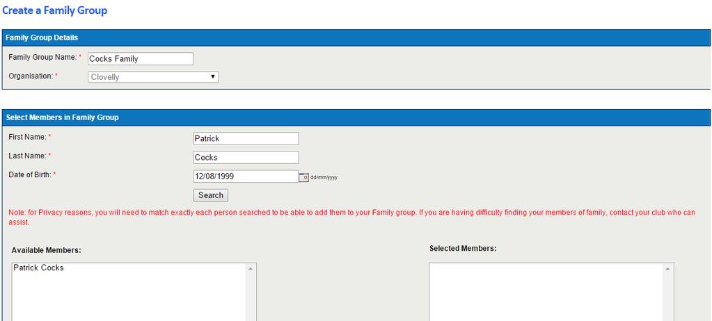 The Create a Family Group screen will display Complete all compulsory Fields including the Family Group Name and the Names of each member you want to add to