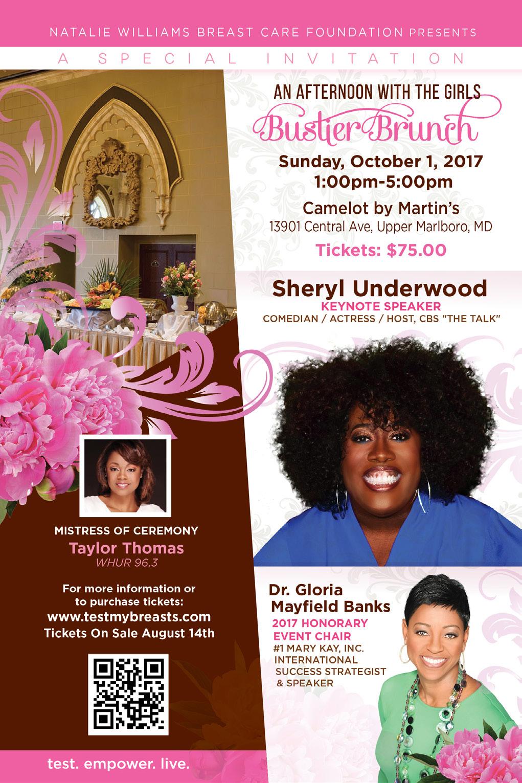 Dear Potential Supporter: On behalf of the Natalie Williams Breast Care Foundation (NWBCF), I am writing to you to request your financial support for the 2017 Bustier Brunch - An Afternoon with the