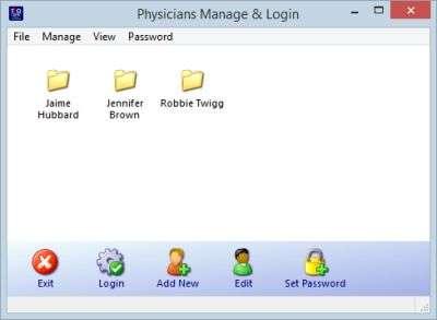 The Physician Manage & Login window is where you can add, edit and delete physician. This is also the login window that appears when the application is started.