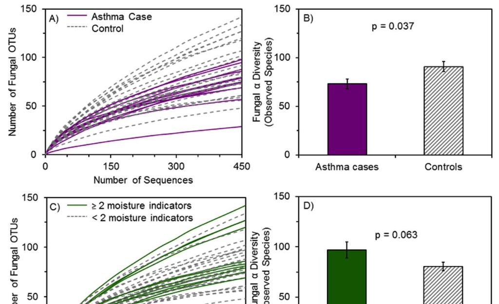 Californian birth cohort CHAMACOS: Asthmatic children had lower fungal diversity in their home at age one.