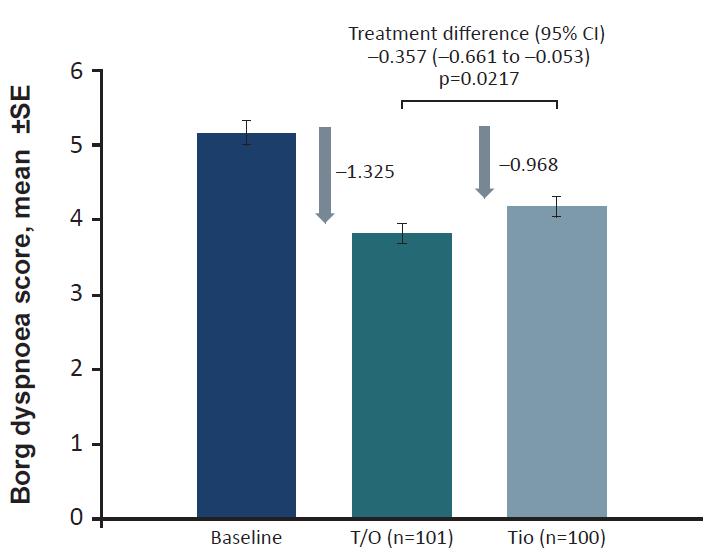 Figure 3. Mean Borg dyspnoea score a) at the end of the 3-min CSST (primary endpoint) and b) during the 3-min CSST, after 6 weeks of treatment. *p<0.