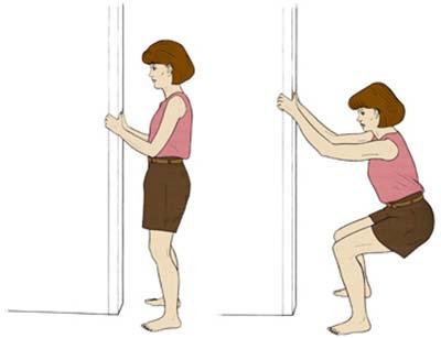 Door-Way Squat Stand very close to the door frame holding the frame near your belt line.