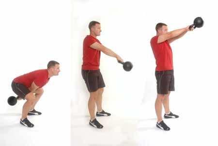Kettlebell Swings! Take a squat stance with kettlebell in both hands.