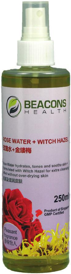 ROSE WATER + WITCH HAZEL (250ML) Facial cleanser & toner Rose Water Solution, Witch Hazel Solution, Apple Green Colour, Denatured Alcohol, Purified Water.