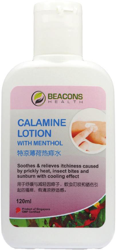 CALAMINE LOTION WITH MENTHOL (120ML) Cools, soothes and relieves skin irritation Calamine 15% w/v, Zinc Oxide 5% w/v, Menthol 0.4% w/v.