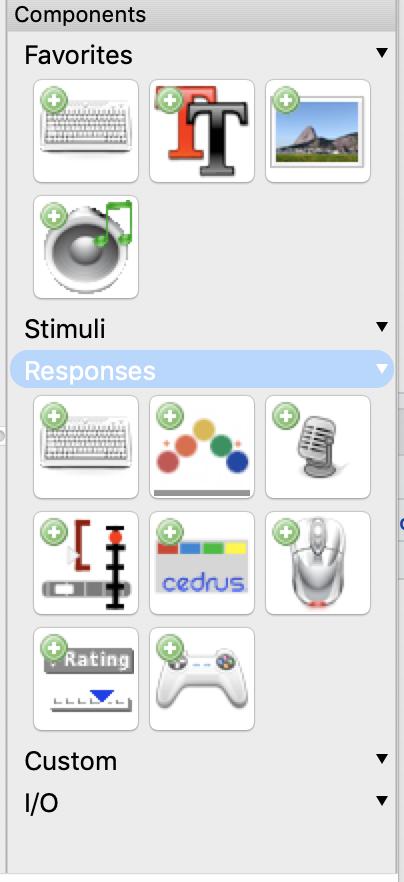Add a rating component to the trials routine by clicking on the rating icon in the Components panel (right hand side) of the PsychoPy window. See Figure 3.