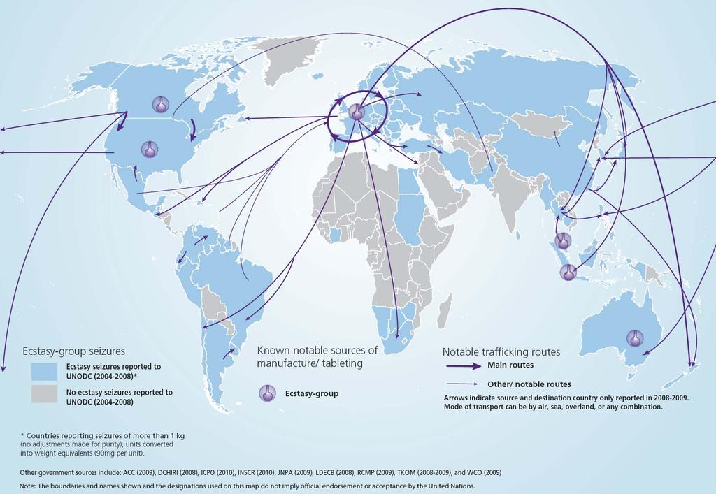 Locations of ecstasy manufacture and main trafficking routes, 2008-09 Sources: UNODC, Annual
