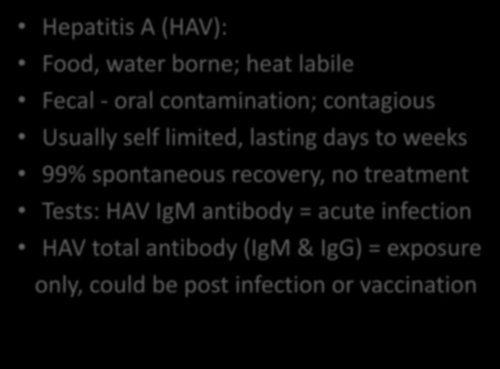 Viral Hepatitis Hepatitis A (HAV): Food, water borne; heat labile Fecal - oral contamination; contagious Usually self limited, lasting days to weeks 99%