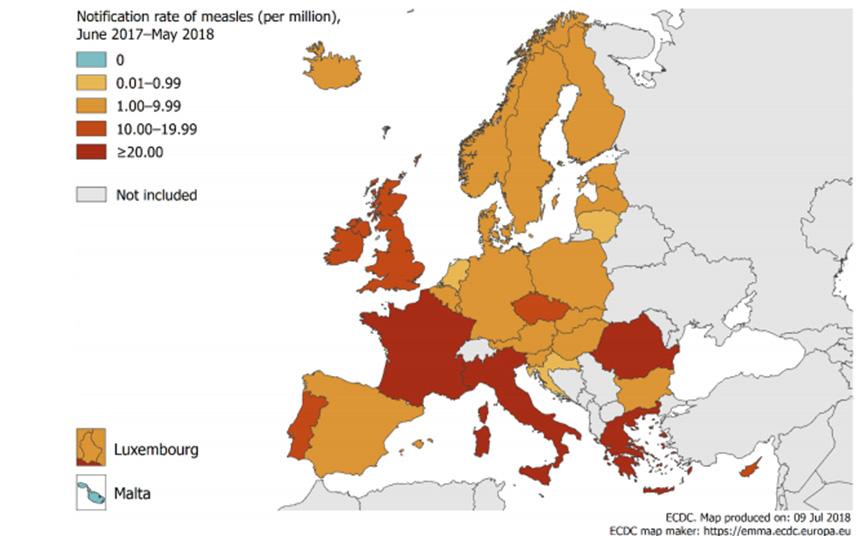 5 Measles notification rate per million population by country, EU/EEA, 1 June 2017 31 May 2018 Source: ECDC Ireland Cases of measles continue to occur in Ireland.