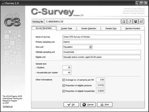 Csurvey PPS 1. Survey Parameter page for sampling from nigerhiv.csf file.