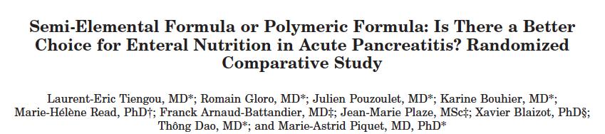 JPEN 2006 Results (mild to moderate acute pancreatitis): No group differences in GIT symptoms (tolerance, bloating, pain) No group differences in stool number, stool weight or stool fat and protein