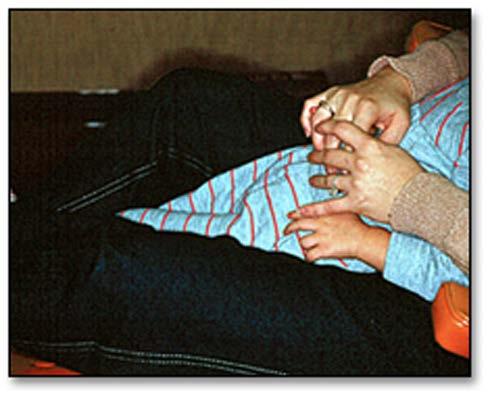 The child is seated in the parent s lap with the parent resting their arms around the child s upper body and their legs wrapped around the child s lower body.