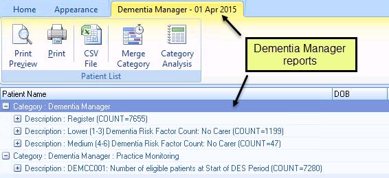 4. On completion, the Dementia Manager reports are listed on a separate tab and display various cohort lines. Dementia Manager Reports 5.