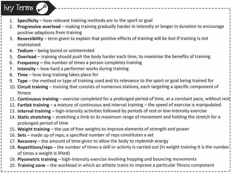 4 Principles of training, Warm-ups + Cool-downs - Name, describe and apply the principles of training (SPORT)? - Name, describe and apply the principles of overload (FITT)?