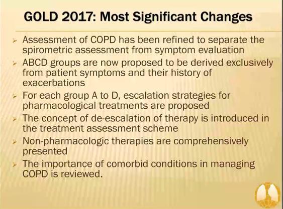 Management of Stable COPD 2011 2017 OVERALL KEY POINTS: The management strategy for stable COPD should be predominantly based on the individualized assessment of symptoms and future risk