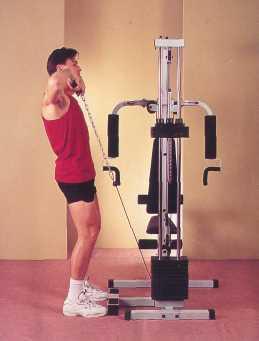 IN THE WIDEST CIRCLE POSSIBLE. 16. UPRIGHT ROW (TRAPEZIUS-DELTOID5-BICEPS) FIT T-BAR TO SIDE LOW PULLEY WITH CHAIN.