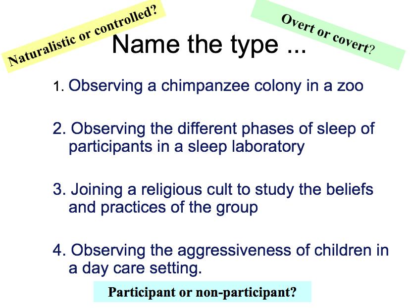 TASK: Identify the type of observation for each study, decide whether it is a.) naturalistic or controlled; b.) participant or non-participant; c.) overt or covert.