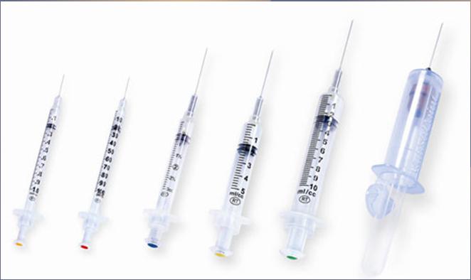 parenteral admin of drugs are the standard hypodermic, the tuberculin (TB) and the insulin syringe standard hypodermic (2-3mL) prepackaged with needle attached subcu or IM marked with 10