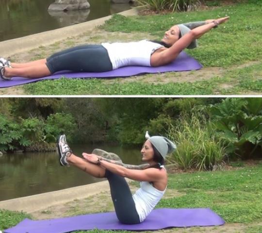 Week Workout B 4 4 V-Up with a Twist Start on your back, arms extended overhead. Core is engaged, lower back is pressed into the ground ().