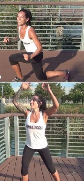 Week Workout A 4 Curtsy Lunge to Outside Knee Lift Begin in a standing position, then Curtsy Lunge your Right leg behind the Left which means the right knee lines up with the left