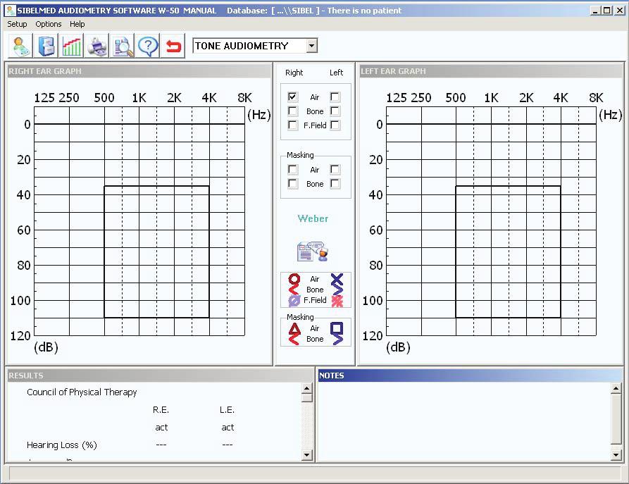 Software Manual SIBELMED W-50 44 Chapter 2: Audiometry Software W-50 This window enables the user to view the results obtained on carrying out an audiometric test using the AC50 audiometer (select