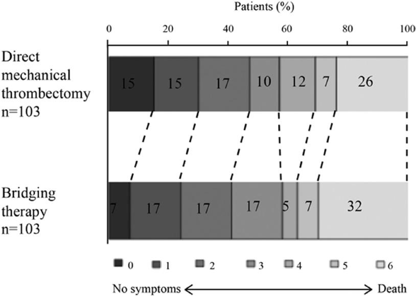 In our matched pair analysis, we were not able to find a difference between ischaemic stroke patients treated with or without intravenous thrombolysis prior to mechanical thrombectomy.