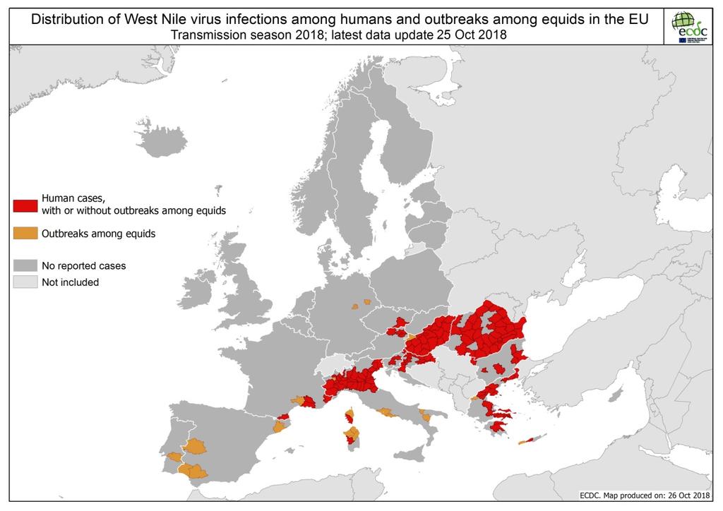 Distribution of WNF cases in humans by affected areas, EU/EEA MS and