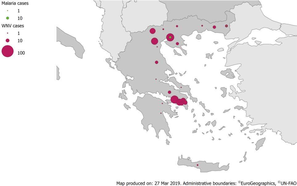Proportional distribution of West Nile Virus infection human cases and introduced malaria cases per Regional Unit of exposure, Greece, 2018