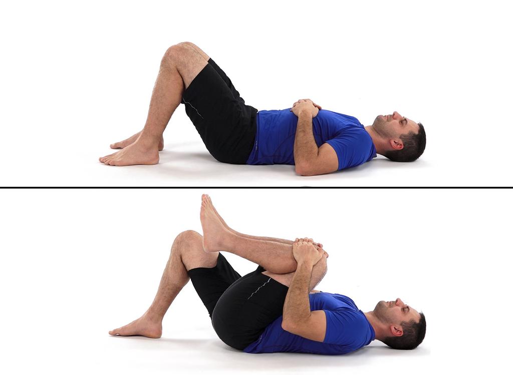 4- Lumbar stretch, flexion - Repetition:10 / Hold:10 Lie on your back with your knees bent. Lift one knee towards your chest and pull it as far as you can with your hands.