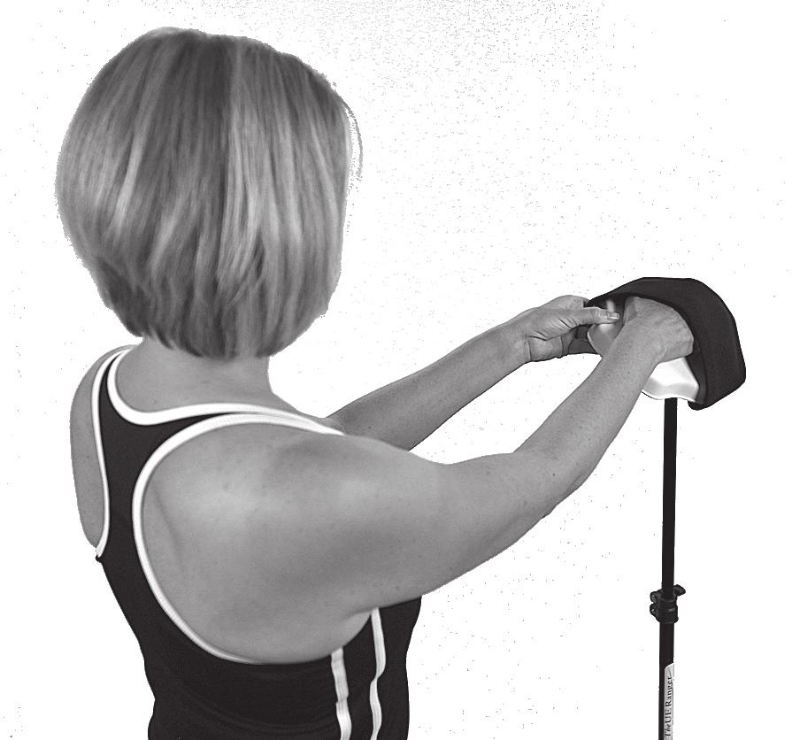 For progressions in elevation above 70 degrees it is supportive of healthy movement to rotate your involved arm and shoulder blade outward as shown in Illustration C.
