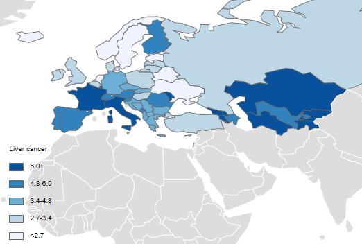 Burden of liver cancer in Europe Estimated liver cancer incidence* in Europe (WHO region), 2012 * Age-standardised rate