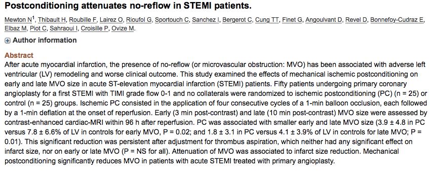 Post-conditioning effects Post-conditioning and no-reflow Using contrast-enhanced cardiac-mri within 3 days after reperfusion, Mewton et al.