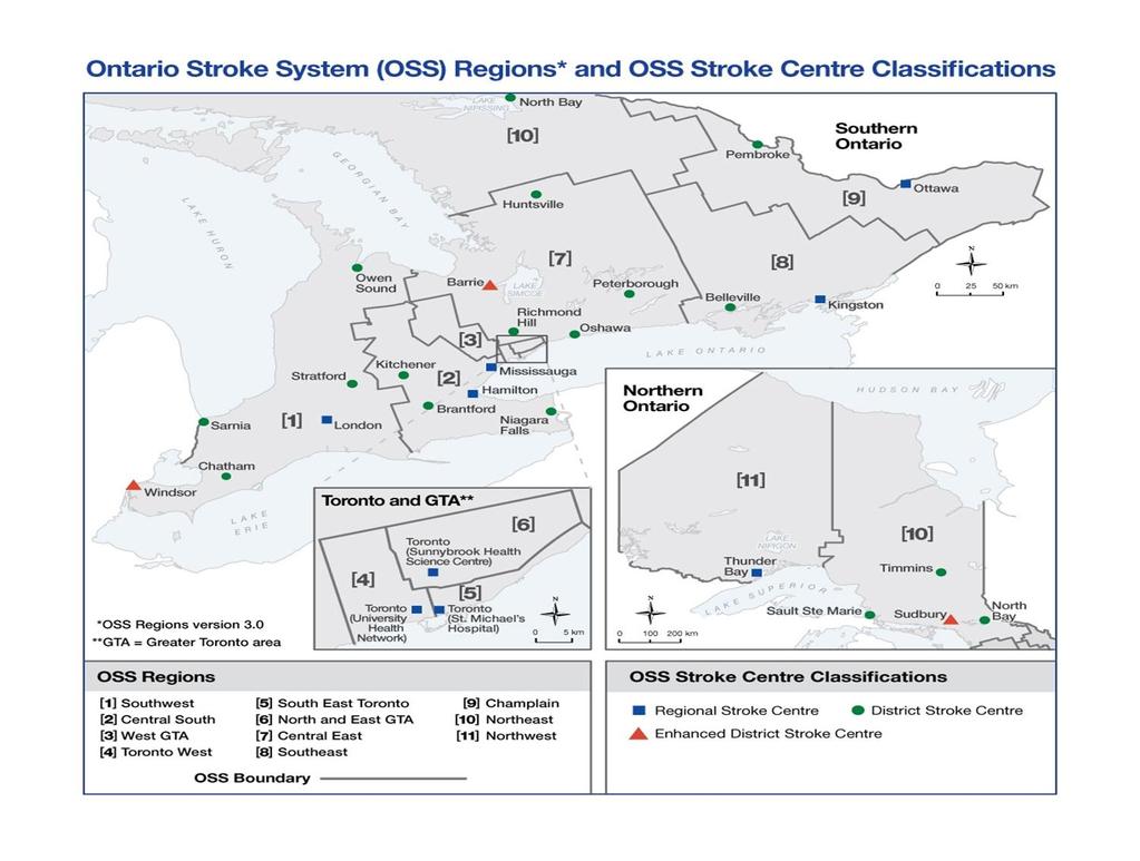 Map of Ontario Stroke System (OSS) Regions For any inquiries related to rehab intensity, please contact your OSS Regional Rehabilitation