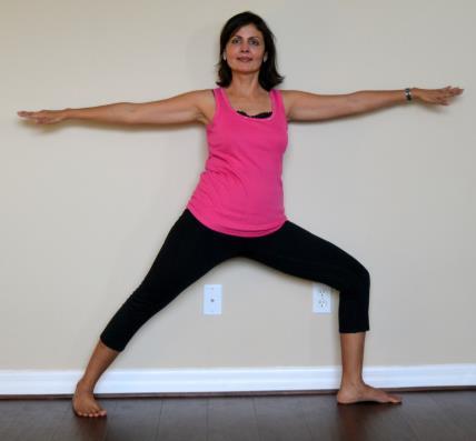 the chest and shoulders Warrior II (Veerabhadrasana II): From Trikonasan with arms parallel to the floor bend your right knee directly over the ankle Reach out through the finger tips as you