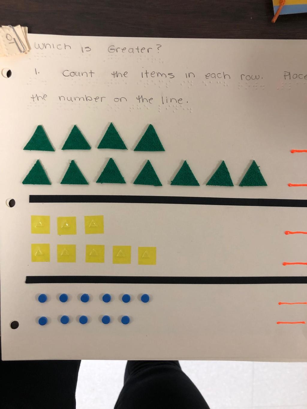 Visual Supports Classwork Image caption: Image 1: A print worksheet of Which is Greater. There ate 4 problem with 2 rows of of different pictures sets.