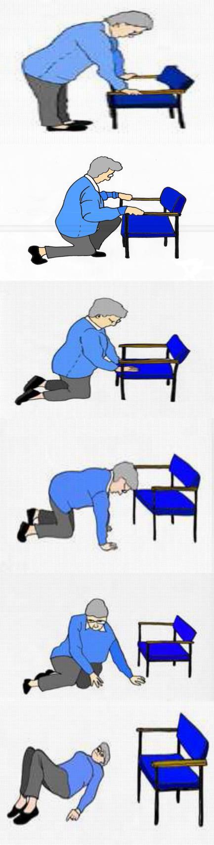 Getting on the Floor 1. Turn to face the chair, using the arms or seat for support if necessary. 2. Slowly lower yourself onto your knees, one leg at a time. 3.