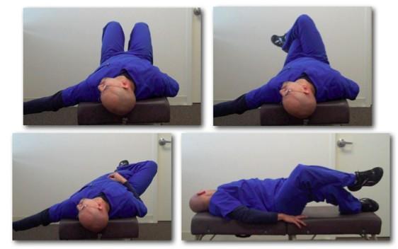 Relax and repeat by leaning towards the left side. Exercise 32: East West Start on your back with both knees bent.