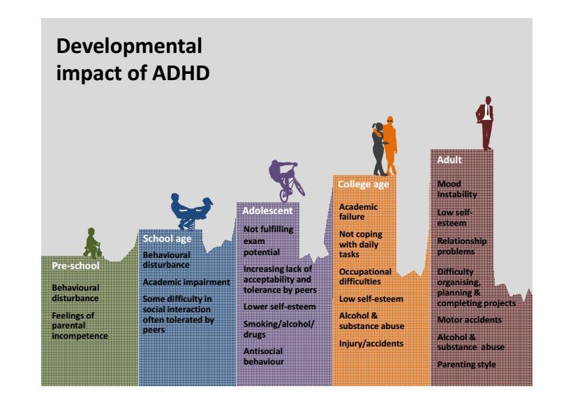 Developmental Impact of ADHD Behavioural disturbance Academic impairment Poor social interaction Lower self-esteem Smoking/alcohol/drugs Antisocial behaviour Co-morbidity Slide from Mina Fazel (based